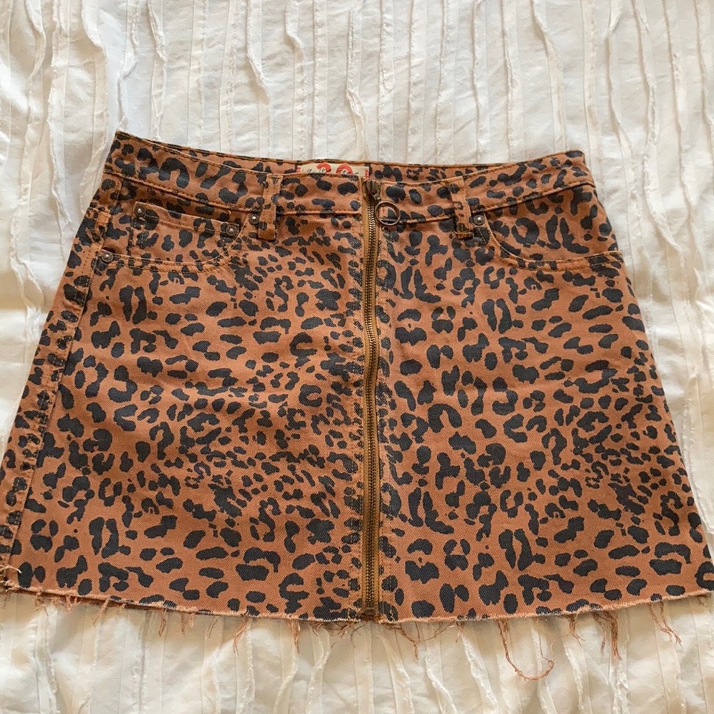 Free People Mini Denim Cheetah Skirt